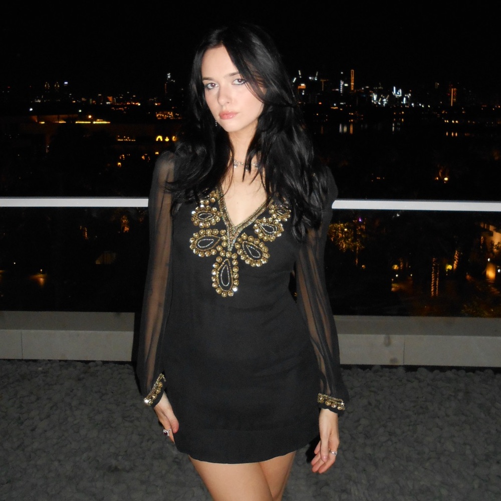 Vintage long sleeve black mini dress with gold beading!